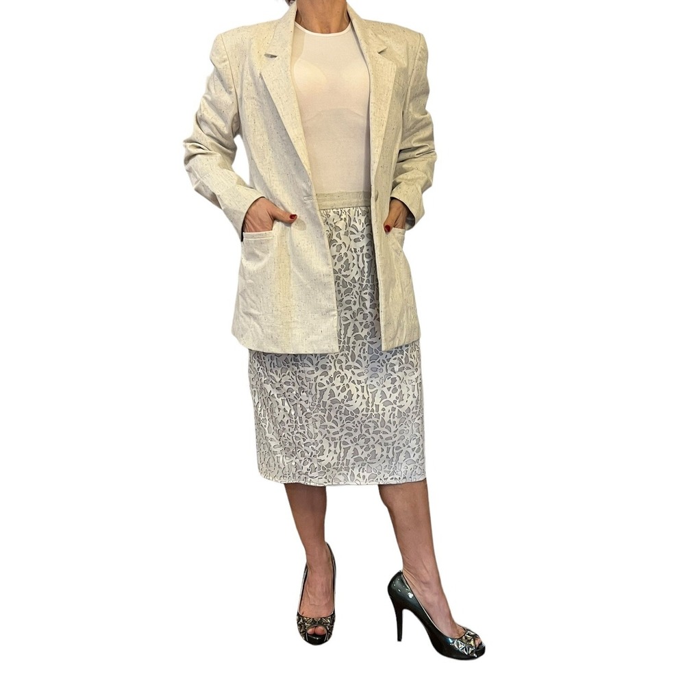 PRABAL GURUNG BEIGE LEATHER LASER CUT 2 PIECE BLAZER SKIRT SUIT SET WOMEN'S 12